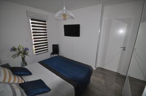 萨尔佐Dervenn Mor的一间卧室配有一张带蓝色床单的床和一扇窗户。