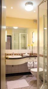 Waldbreitbach祖普特酒店的一间带水槽、卫生间和镜子的浴室
