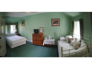 安南老教区酒店的一间绿色卧室,配有两张床和梳妆台