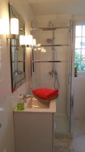 锡河边的圣奥班阿梅莱特红磨坊酒店的浴室设有淋浴,水槽上配有红色毛巾