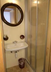 拉萨Gasthof zur Sonne的一间带水槽和淋浴的浴室