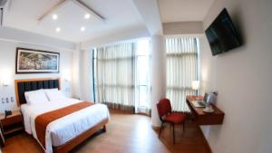齐克拉约Hotel Ottavis的酒店客房配有一张床、一张书桌和一台电视。