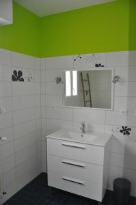 特雷甘克Chez Tib的浴室设有白色水槽和绿色的墙壁