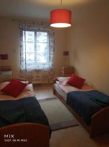 波别罗沃Grunwaldzka 7 Pobierowo的一间卧室设有两张床和一个带窗帘的窗户。