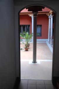 托莱多菊德里亚公寓酒店的通往棕榈树庭院的开放式门