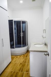菲兰迪亚Three House Hostel的带淋浴、水槽和镜子的浴室