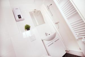 洛斯海姆Ferienwohnung BECKENDORF的白色的浴室设有水槽和镜子