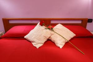特乌拉达Rio Launaxi Guest House的红色的床,带两个枕头,上面有鲜花