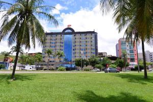 伊帕廷加Panorama Tower Hotel的公园里棕榈树的建筑