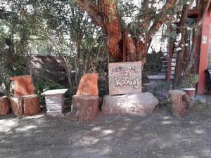 圣佩德罗·德·阿塔卡马Hostal Las Kañas的一组原木,一张桌子和一棵树