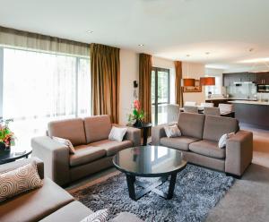 汉默温泉乡村湖泊公寓式酒店的带沙发和咖啡桌的客厅