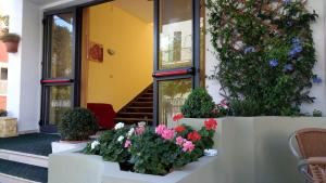 里米尼维塞尔巴卡门酒店的一座有鲜花和植物的建筑