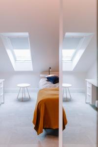 维尔扬迪Park Hotel Viljandi的一间卧室设有天窗、一张床和两张桌子。