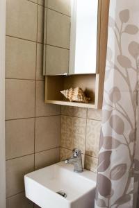 雅典INSPIRATION Guestroom with Amazing Roof Garden的浴室设有水槽、镜子和浴帘