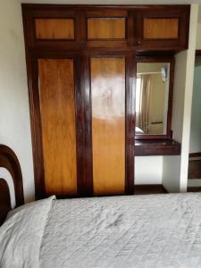 拉巴斯若亚酒店的一张带木门和镜子的床