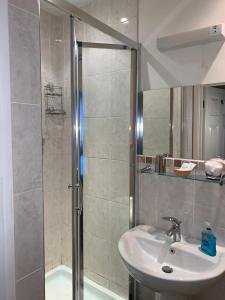 南安普敦Rivendell Guest House的带淋浴、盥洗盆和淋浴的浴室