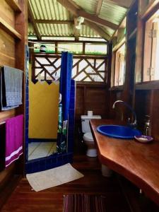 别霍港Las Ranitas的浴室配有蓝色水槽和卫生间。