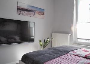 塞巴特阿尔贝克Kaisers Eck Ferienwohnung的卧室配有一张床,墙上配有电视。