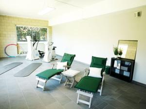 博伦多夫Spacious Apartment in Bollendorf in Nature Park with Sauna的一间设有绿色和白色椅子的美发沙龙