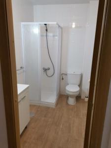 布鲁内特埃尔阿尔巴旅馆的带淋浴和卫生间的白色浴室