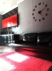 巴拉诺维奇Apartment Selena的客厅里一张黑色的沙发,有红色地毯
