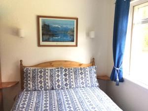 泰恩德拉姆Dalkell Cottage的一张带蓝色和白色棉被的床和一个窗口
