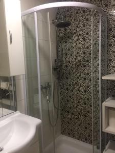 卢布尔雅那Apartment Red Square的带淋浴和盥洗盆的浴室