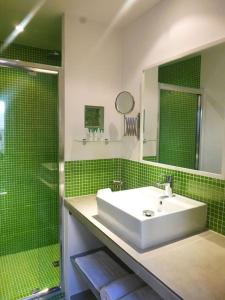 穆斯捷-圣玛丽La Maison du Courtil, Pistache-Chocolat的绿色瓷砖浴室设有水槽和淋浴