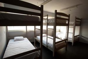 科苏梅尔Hostel Auikyani的客房设有三张双层床和一扇窗户。