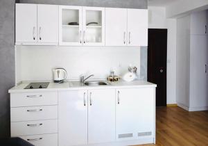 奥布佐尔Stela Apartments的白色的厨房配有水槽和白色橱柜