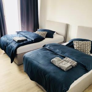 菲林根-施文宁根Boardinghouse BeOne的卧室内的两张床,配有蓝色的床单和毛巾