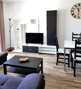 莫甘Luxury 2 bedroom APT 50 m from beach的带沙发和电视的客厅