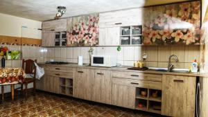 莫伊西德约斯Pensiunea Ianis Moieciu的一间带木制橱柜和微波炉的厨房