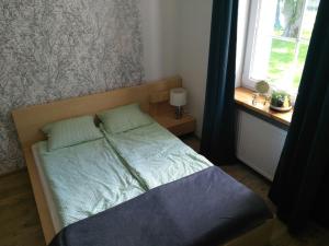 波莫瑞地区卡缅Letnisko Rozwarowo的卧室内的一张小床,设有窗户