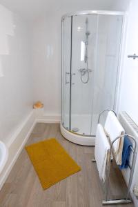 巴里港The Crows Nest Holiday Home的带淋浴的浴室和黄色地毯