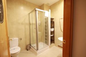梅里达艾尔特普罗套房公寓酒店的带淋浴、卫生间和盥洗盆的浴室