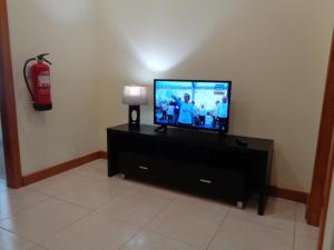 蓬塔德尔加达Dona Matilde的客厅配有平面电视和灭火器