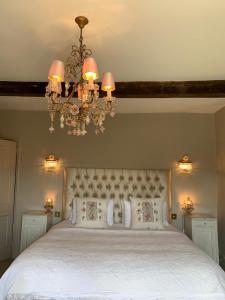 伯福德Pytts House Boutique Bed & Breakfast的一间卧室配有一张带吊灯的大床