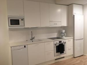 于韦斯屈莱Sonaatti Studio - best lake view的厨房配有白色橱柜、水槽和冰箱。
