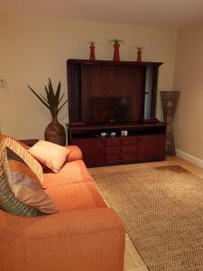 爱德华港Ocean View Villas Unit G02的客厅配有橙色沙发和平面电视。