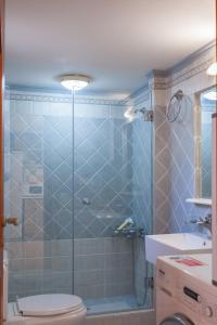 加拉塔斯Evelia Apartment的带淋浴、卫生间和盥洗盆的浴室