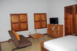 格拉纳达apartamentos Casa Amarilla的一间卧室配有一张床、一把椅子和电视。