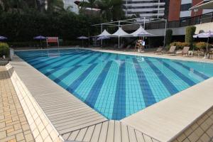萨尔瓦多嘉年华巴西亚酒店的一个带椅子和遮阳伞的大型蓝色游泳池