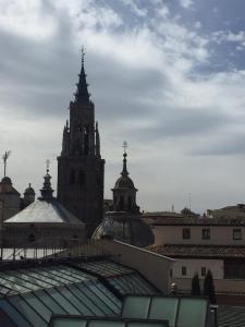 托莱多Ático del Rojas的享有带两座塔楼和屋顶的建筑景致