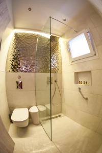 科孚镇Suite 16的带淋浴和卫生间的浴室以及窗户。