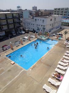 怀尔德伍德棕榈岛汽车旅馆的大楼内大型游泳池的顶部景色