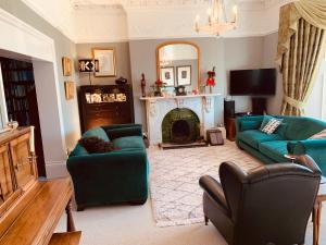 利物浦Aberley House的客厅设有2张绿色沙发和壁炉