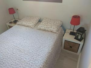 奥亚A Guaira, fantástico apartamento al borde del mar的一间卧室配有一张带两个枕头和两个灯的床。