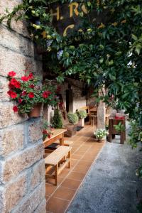 索托德坎加斯乡村大宅酒店的庭院设有木长椅和红色鲜花
