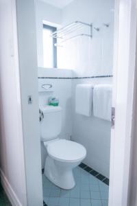 悉尼悉尼南部大酒店的白色的浴室设有卫生间和淋浴。